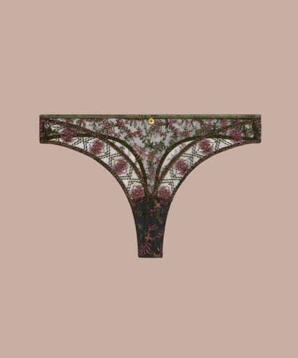 Aubade – Sounds of Heart String Dunkler Garten - 60% Rabatt! Pleasurements Aubade Sounds of Heart jarretelgordel in Dark Garden met groen kant, lurex borduursel en gouden bedel.