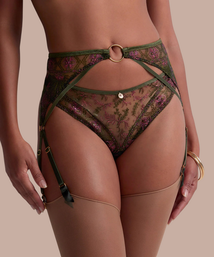 Aubade – Sounds of Heart String Dunkler Garten - 60% Rabatt! Pleasurements Aubade Sounds of Heart jarretelgordel in Dark Garden met groen kant, lurex borduursel en gouden bedel.