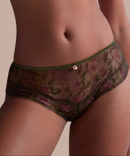 Aubade – Sounds of Heart Hüftslip Dunkler Garten - 60% Rabatt! Pleasurements Aubade Sounds of Heart cheeky slip in Dark Garden met moiré borduurwerk en gouden bedel