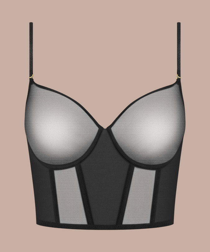 Pleasurements Scandale Nuit Fauve zwarte body met V-hals en transparante tule details