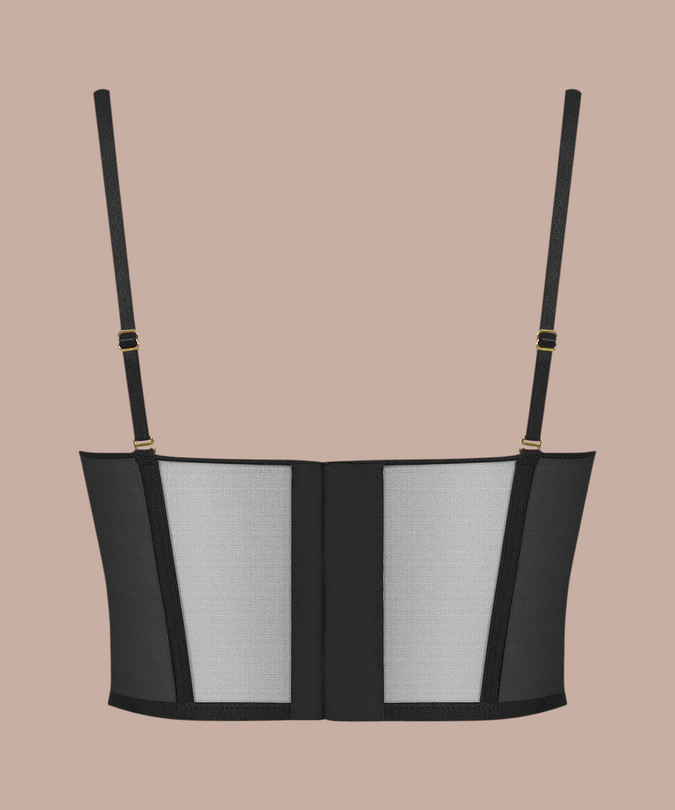 Pleasurements Scandale Nuit Fauve zwarte body met V-hals en transparante tule details op de rug