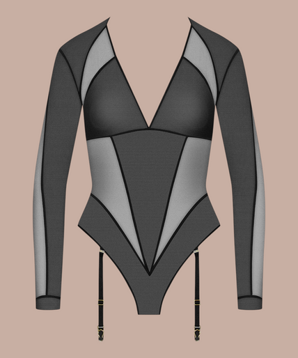 Scandale – L'Amoureuse Long Sleeves Thong Body Black Pleasurements Scandale L'Amoureuse zwarte body met lange mouwen, transparante inzetstukken en jarretelclips.