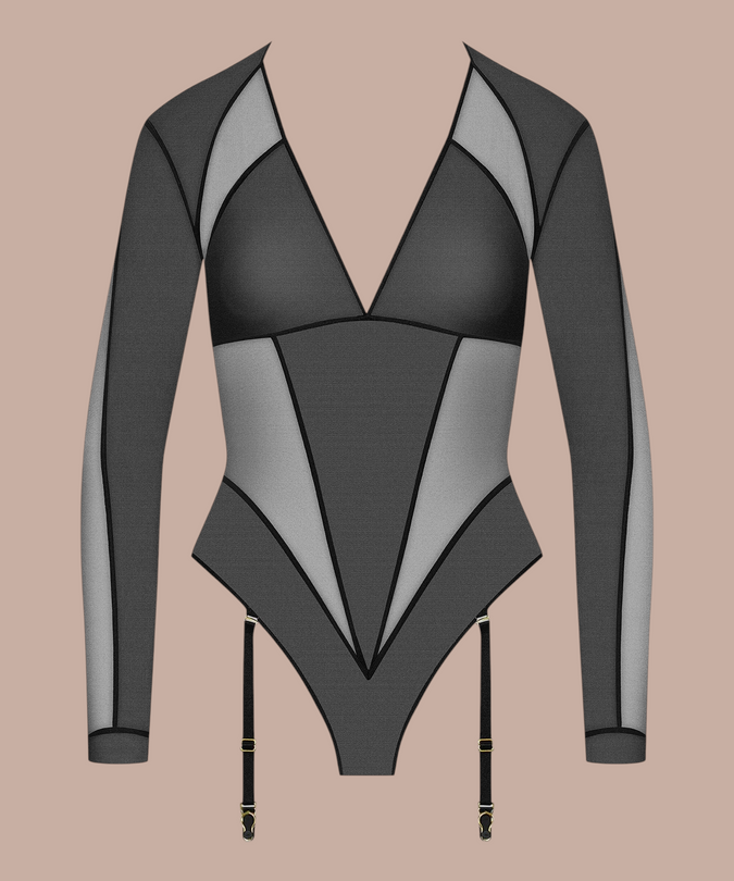 Pleasurements Scandale L'Amoureuse zwarte body met lange mouwen, transparante mesh panelen en jarretelclips.