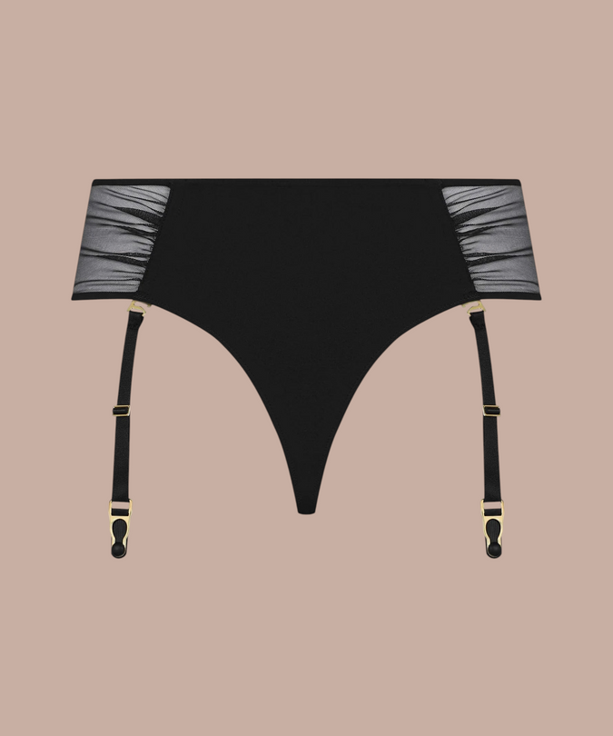 Pleasurements Scandale Nuit Fauve zwarte high-waist tanga met tule details en verstelbare jarretelclips
