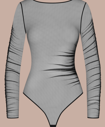 Scandale – Nuit Fauve Long Sleeves Thong Body Black Pleasurements Scandale Nuit Fauve zwarte body met lange mouwen en transparante tule details op een model