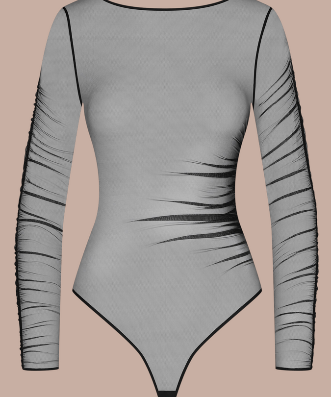Pleasurements Scandale Nuit Fauve zwarte body met lange mouwen van doorschijnende tule en microfiber