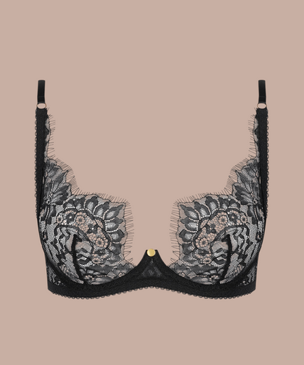 Maison Close/Scandale โ Inspiration Divine Scarf Bra Black Inspiration Divine black Scarf Bra with scalloped floral lace cups and a low centre front, front view on model.