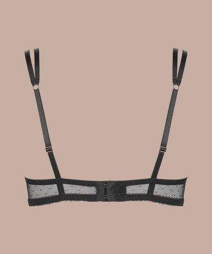Maison Close/Scandale โ Inspiration Divine Quarter Cup Bra Black Inspiration Divine black Quarter Cup Bra with sheer lace panels and split shoulder straps, front view on model.