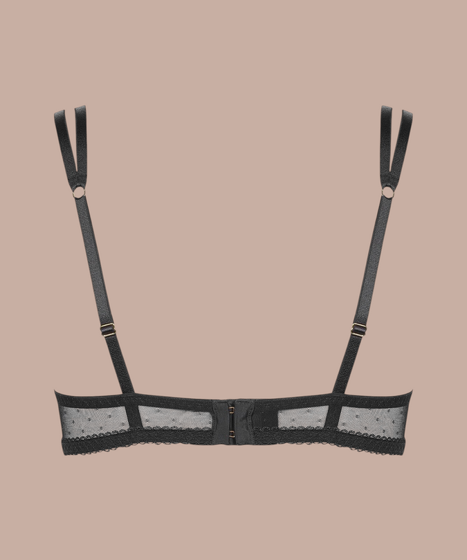 Inspiration Divine black Quarter Cup Bra with split adjustable straps and dotted mesh back band, rear product view.