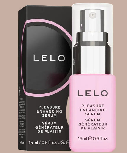 LELO – Pleasure Enhancing Serum – 15 ml - door Pleasurements LELO serum 15 ml pink bottle with exposed silver-tone spray pump and black lettering.