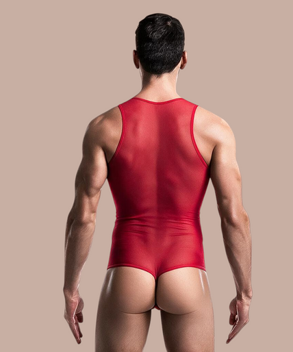 Mob – Roter transparenter Bodysheer Größe S/M Pleasurements MOB rode transparante bodysuit met mouwloos ontwerp gedragen door een mannelijk model
