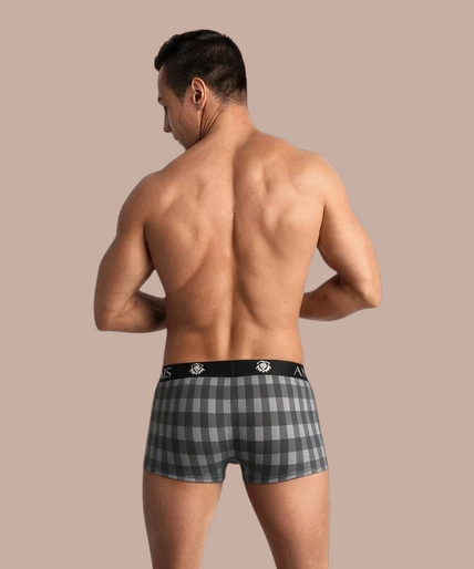 Anais Men – Aegis Boxer S Pleasurements Anais Men Aegis boxer in grijs met ruitpatroon en zwarte tailleband gedragen door een model