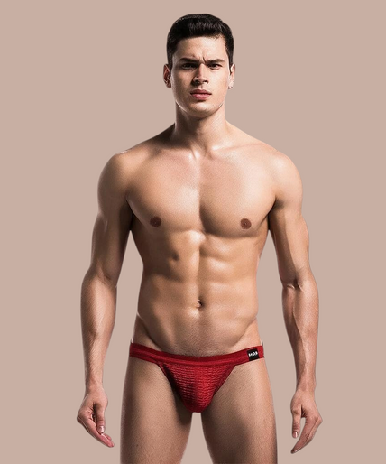 Mob – Roter Fetisch Jockstrap Badeanzug Größe S Pleasurements MOB rode jockstrap voor heren met een sportieve textuur en een gedurfd, sensueel ontwerp.