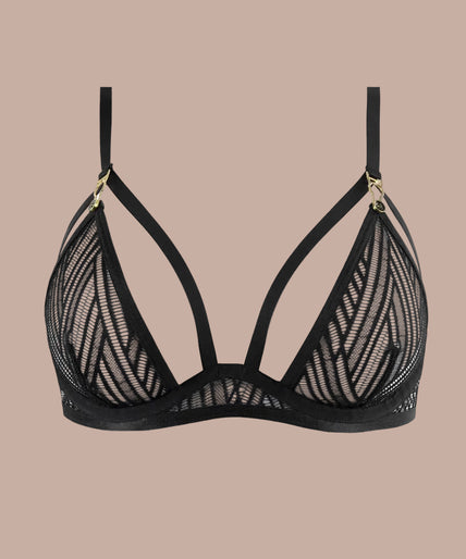 Atelier Amour – Clair Obscur Wired Triangle Bra Black Model wearing black geometric lace underwired bra and matching tanga, front view.