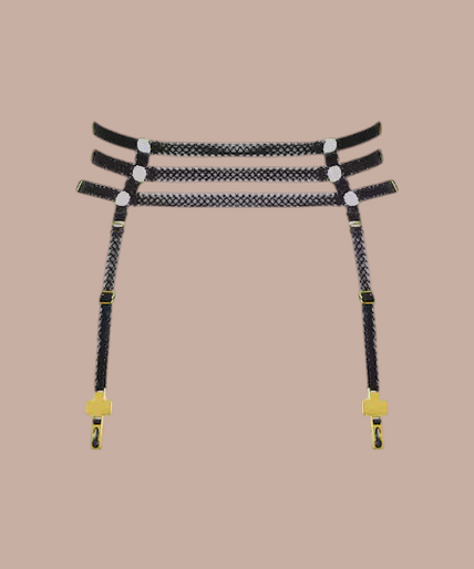 Maison Close/Scandale โ Inspiration Divine Cross Garters Belt Black Inspiration Divine black Cross Garters Belt with gold-tone cross clips, front view on model.