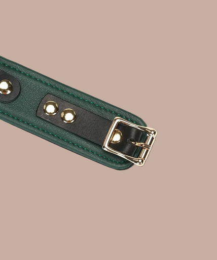 Liefdevolle Ziel Leren Halsband met Lijn – Mosgroen Chic Liebe Seele Mossy Chic green collar with a buckle and a gold-coloured chain leash with a green handle.