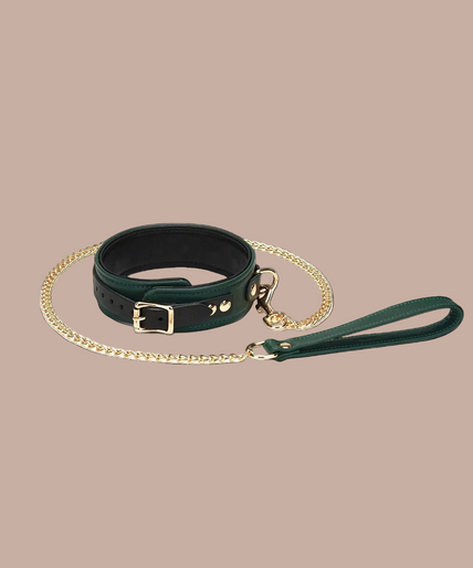 Liebe Seele Mossy Chic Lederhalsband mit Leine – Grün Liebe Seele Mossy Chic Lederhalsband mit Leine – Grün