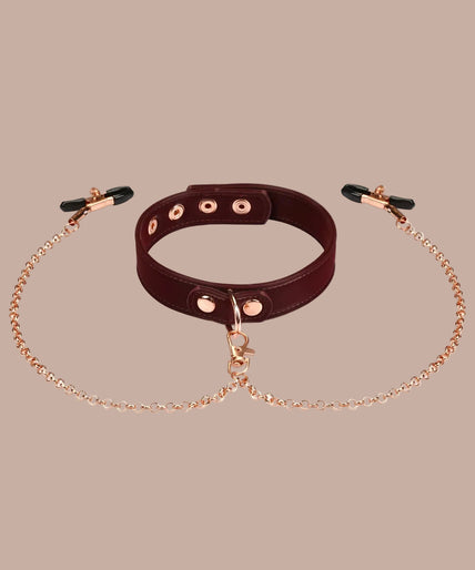 Liebe Seele – Veganer Metallic-Halsband mit Brustwarzenklemmen Liebe Seele – Veganer Metallic-Halsband mit Brustwarzenklemmen