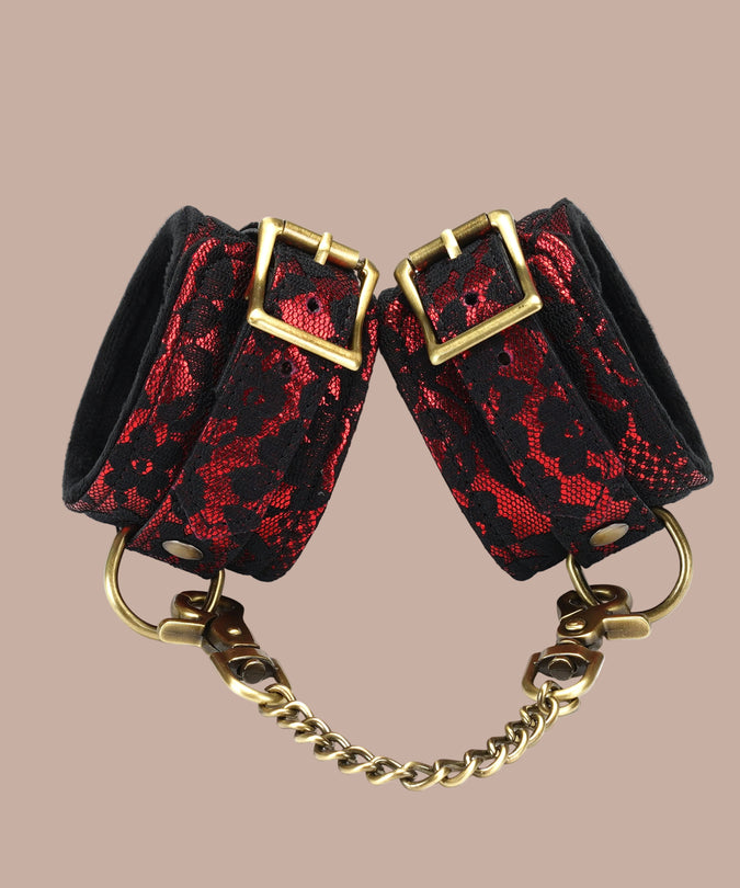 Liebe Seele Lace and Velvet Ankle Cuffs – Victorian Garden Dark Red