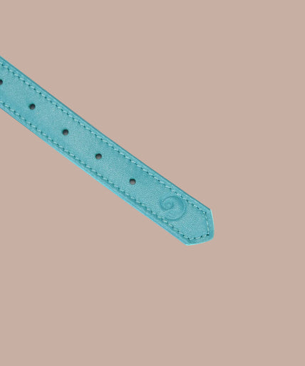 Liebe Seele Siren's Cove Lamb Leather Blindfold with Velvet Lining – Blue Front view of Liebe Seele Siren's Cove turquoise blindfold with shaped eye panel and adjustable strap.