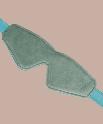 Liebe Seele Siren's Cove Lamb Leather Blindfold with Velvet Lining – Blue Front view of Liebe Seele Siren's Cove turquoise blindfold with shaped eye panel and adjustable strap.