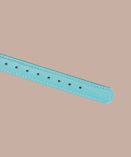 Liebe Seele Siren's Cove Lamb Leather Ball Gag – Blue Front view of Liebe Seele Siren's Cove gag with turquoise strap and pale green perforated ball.