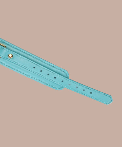 Liebe Seele Siren's Cove Lamb Leather Collar with Velvet Lining and Leash – Blue Liebe Seele Siren's Cove turquoise collar with gold-tone chain leash and matching handle.