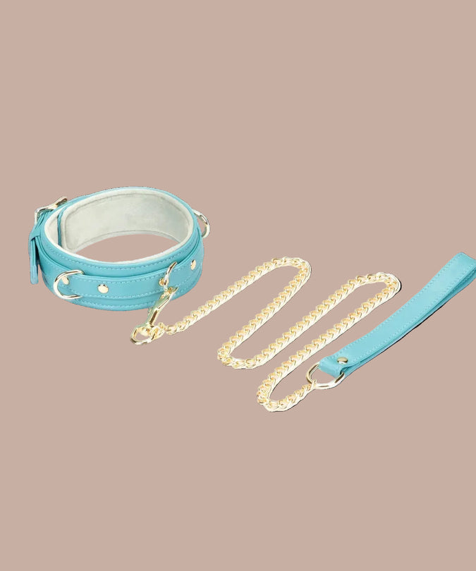 Liebe Seele Siren's Cove Lammlederhalsband mit Samtfutter und Leine – Blau