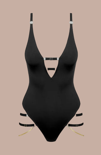 Maison Close – Tapage Nocturne V-Ausschnitt Schmuck-Tanga-Body Schwarz Maison Close – Tapage Nocturne V-Ausschnitt Schmuck-Tanga-Body Schwarz