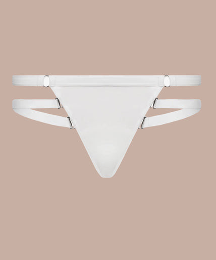 Maison Close – Fatale String Wit – Lingerie & Bikini / Badkleding Front view of model wearing white Fatale multi-strap thong and matching triangle bra.