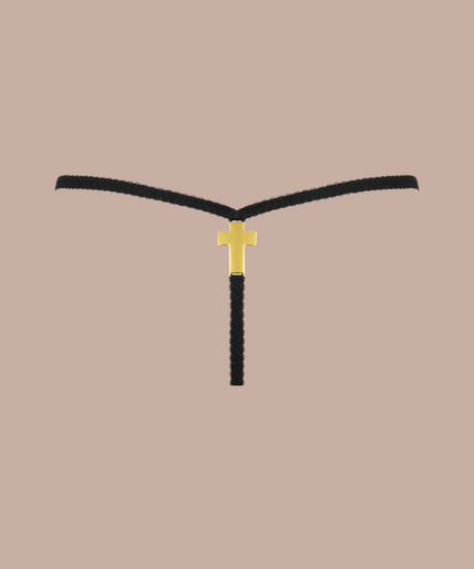 Maison Close/Scandale โ Inspiration Divine Cross Micro Thong Black Inspiration Divine black Cross Micro Thong with a sheer floral lace front and narrow side straps, front view on model.