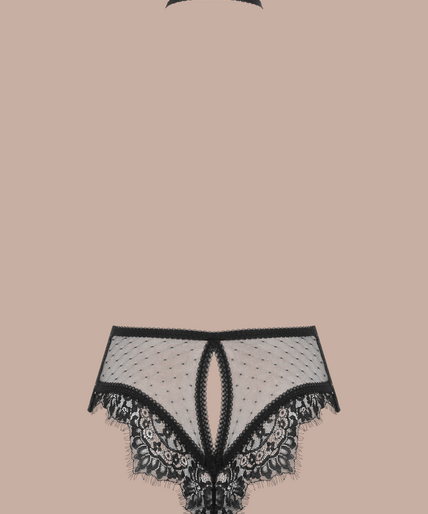 Maison Close/Scandale โ Inspiration Divine High-Waisted Cross Panty Black Inspiration Divine black High-Waisted Cross Panty with sheer lace, mesh and harness straps, front view on model.