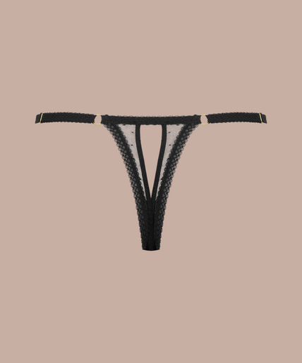 Maison Close/Scandale โ Inspiration Divine Openable Thong Black Inspiration Divine black Openable Thong with sheer lace and mesh panels, front view on model.
