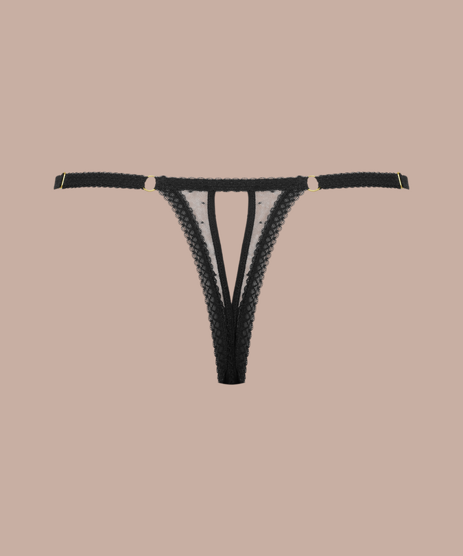 Inspiration Divine black Openable Thong with a lace back panel, rear product view.