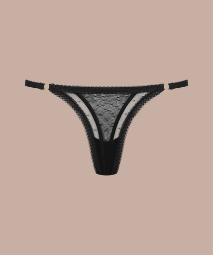 Maison Close/Scandale โ Inspiration Divine Openable Thong Black Inspiration Divine black Openable Thong with sheer lace and mesh panels, front view on model.