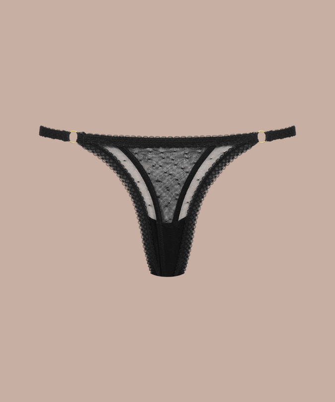 Inspiration Divine black Openable Thong with sheer lace and mesh panels, front product view.