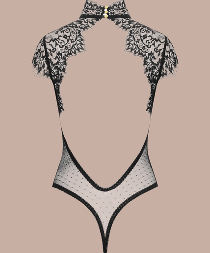 Maison Close/Scandale โ Inspiration Divine Open Back Lace Thong Body Black Inspiration Divine black Open Back Lace Thong Body with sheer floral lace and a gold-tone cross at the collar, front view on model.