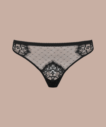 Maison Close/Scandale โ Inspiration Divine Panty Black Inspiration Divine black Panty with sheer dotted mesh and floral lace panels, front view on model.