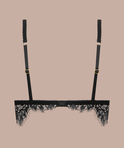 Maison Close/Scandale โ Inspiration Divine Triangle Bra Black Inspiration Divine black Triangle Bra with sheer floral lace cups and scalloped trim, front view on model.