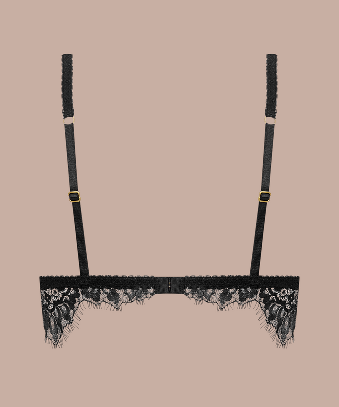 Inspiration Divine black Triangle Bra with adjustable straps and a lace-trimmed back band, rear product view.