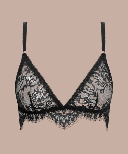 Maison Close/Scandale โ Inspiration Divine Triangle Bra Black Inspiration Divine black Triangle Bra with sheer floral lace cups and scalloped trim, front view on model.