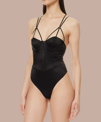Coco de Mer – Sylph Bodysuit Black – 50%! Pleasurements Coco de Mer zwarte zijden Sylph bodysuit met sweetheart halslijn en gestructureerde bandjes