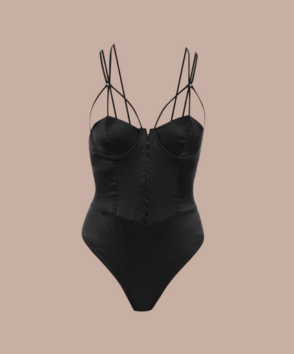 Coco de Mer – Sylph Bodysuit Black – 50%! Pleasurements Coco de Mer zwarte zijden Sylph bodysuit met sweetheart halslijn en gestructureerde bandjes