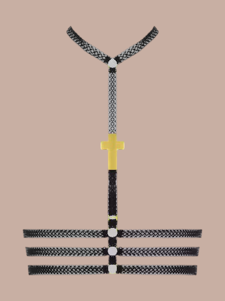 Inspiration Divine black Cross Bustier Harness with a gold-tone cross at the front and three lace bands, product view.