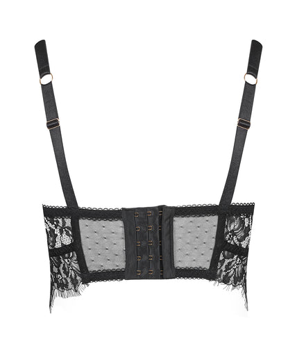 Maison Close/Scandale โ Inspiration Divine Wire Bra Black Inspiration Divine black Wire Bra with sheer lace cups and a scalloped longline band, front view on model.
