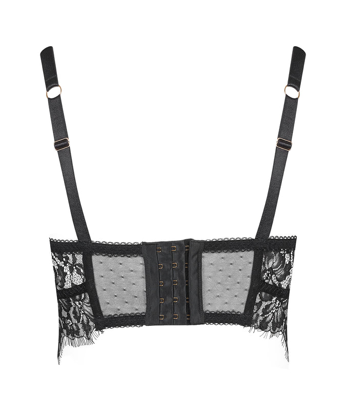 Inspiration Divine black Wire Bra with adjustable straps, dotted mesh and hook-and-eye fastening, rear product view.