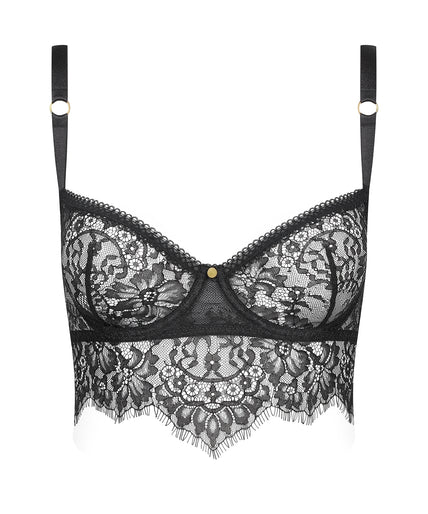 Maison Close/Scandale โ Inspiration Divine Wire Bra Black Inspiration Divine black Wire Bra with sheer lace cups and a scalloped longline band, front view on model.