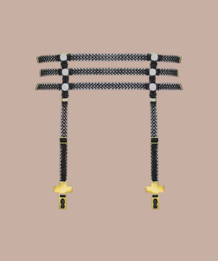 Maison Close/Scandale โ Inspiration Divine Cross Garters Belt Black Inspiration Divine black Cross Garters Belt with gold-tone cross clips, front view on model.