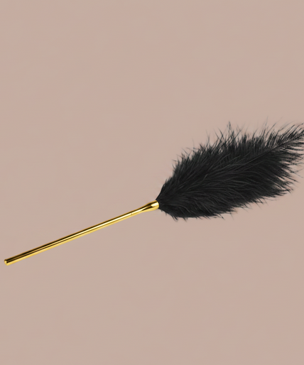 Liebe Seele Luxury Ostrich Feather Tickler – Black with Gold Handle Black feather tickler with slender gold-tone handle, shown vertically.