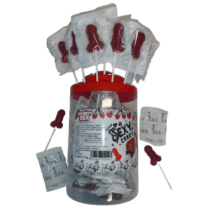 Diablo Picante – 50 Aardbei- en Kersensnoep Penis Lollies 50 Stuks